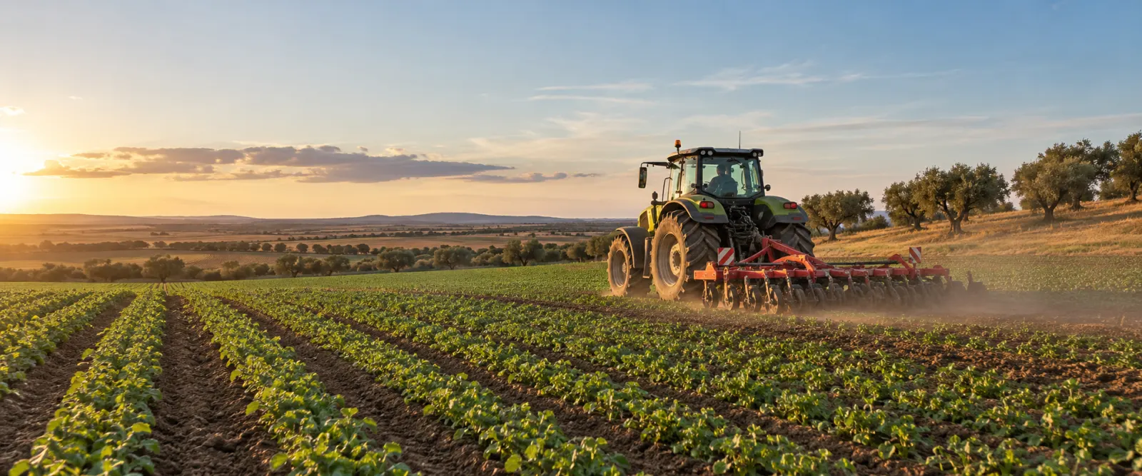 Trator agrícola a trabalhar num campo cultivado